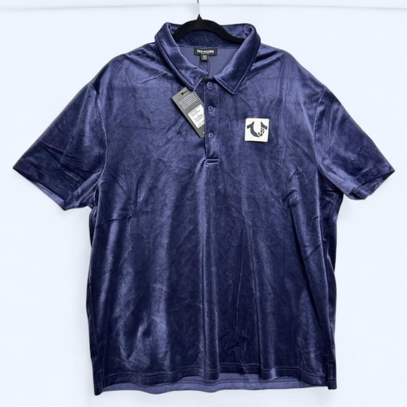 NWT True Religion XL Mens Velour Corduroy Polo Shirt Y2K Streetwear Ribbed Blue